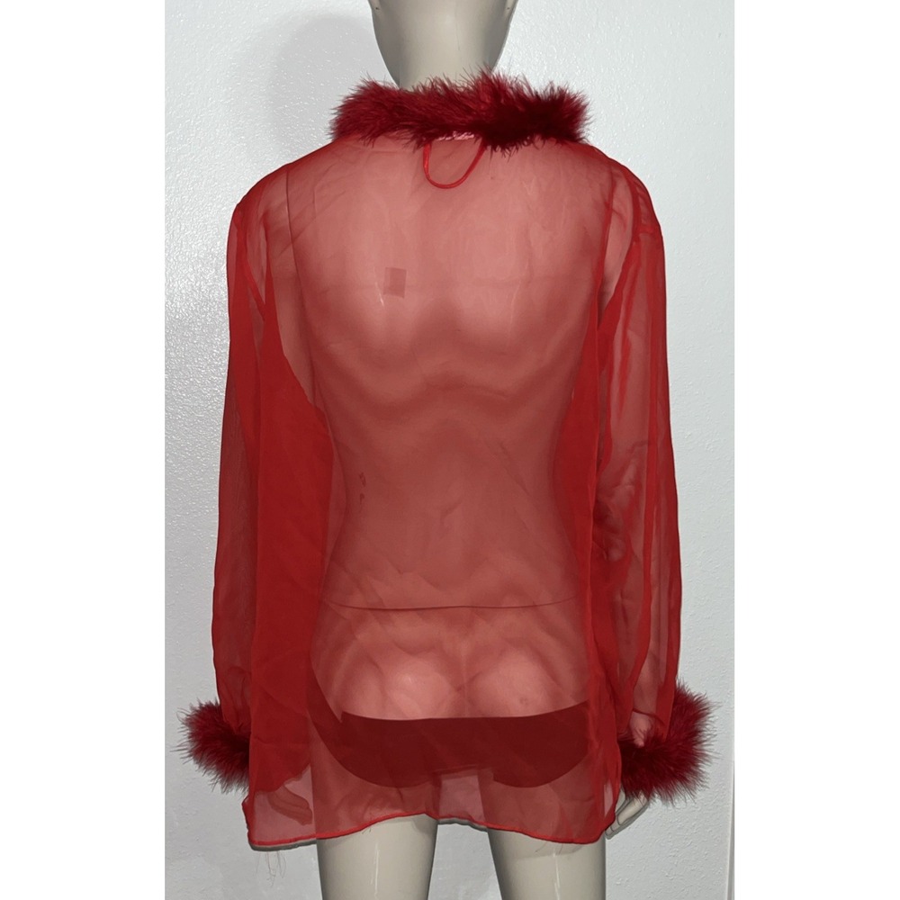 Vtg Cinema Etoile Red Sheer Mesh Boudoir Bed Jacket Faux Fur Trim Coquette Sz M - Picture 3 of 10